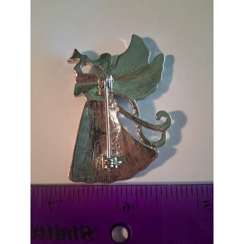 Monet Silver Tone Rhinestone Christmas Angel with Horn Brooch Pin